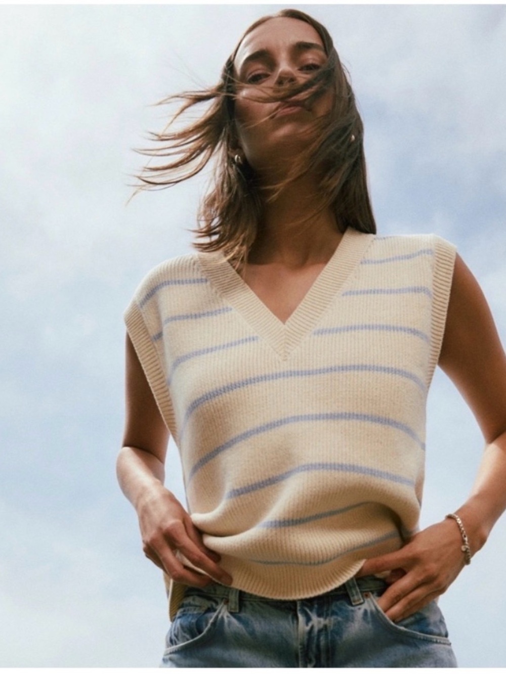 Reformation Cream and Light Blue Striped V-Neck Sweater Vest